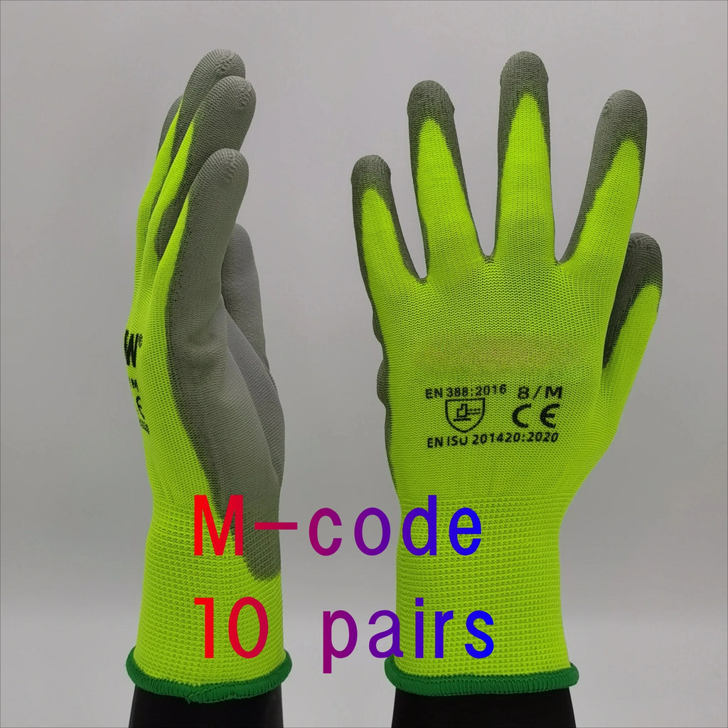 10 Pairs PU Coated Work Gloves - Lightweight, Durable Safety Gloves EN 388/ISO20471 Certified, Sizes S/M/L/XL