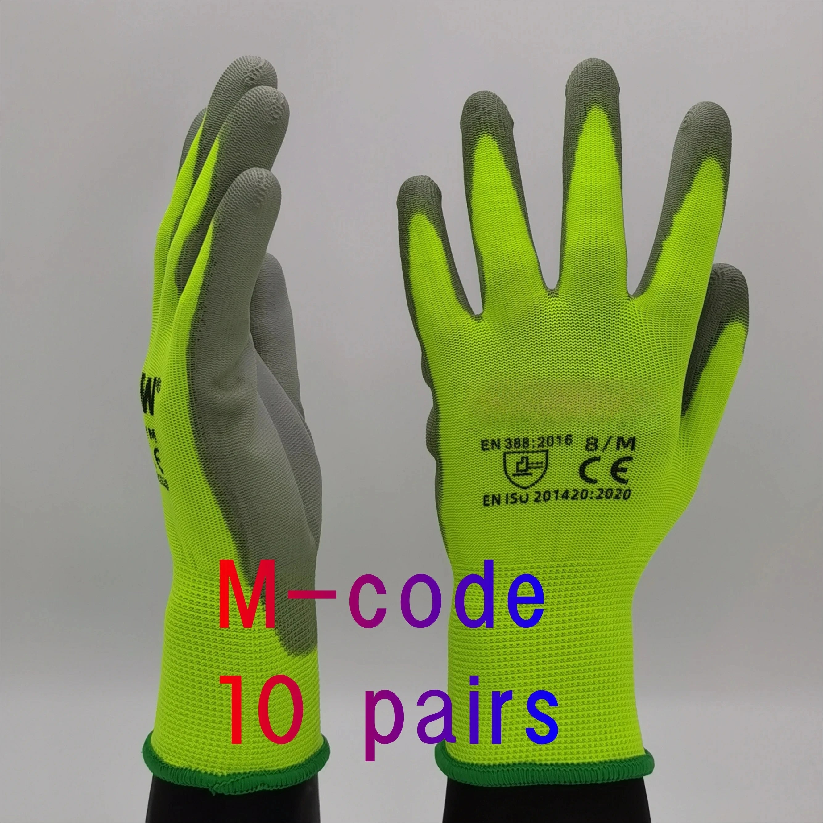 10 Pairs PU Coated Work Gloves - Lightweight, Durable Safety Gloves EN 388/ISO20471 Certified, Sizes S/M/L/XL