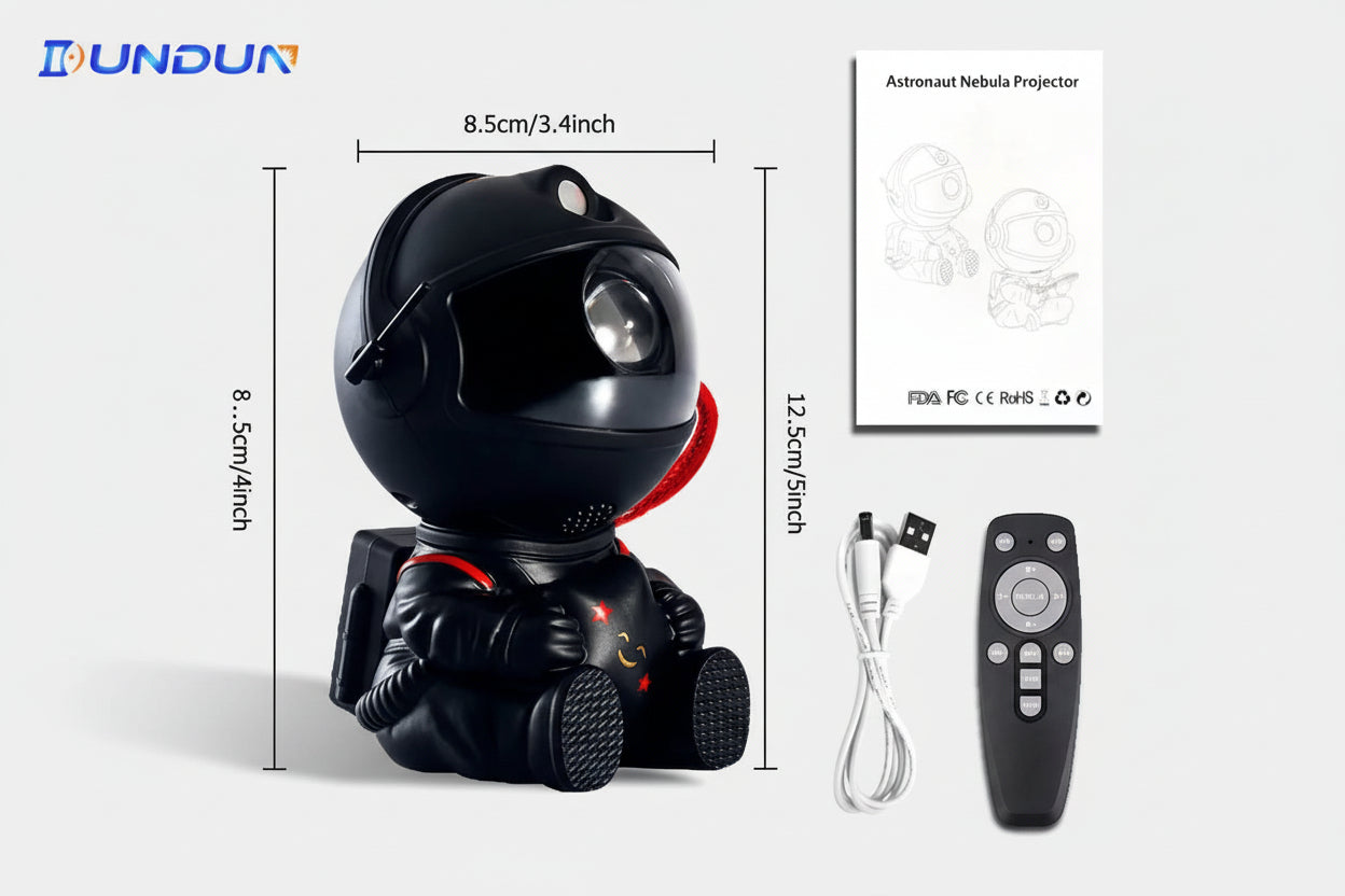Astronaut nebula projector with remote control, cable, and dimensions displayed.