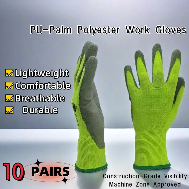 10 Pairs PU Coated Work Gloves - Lightweight, Durable Safety Gloves EN 388/ISO20471 Certified, Sizes S/M/L/XL