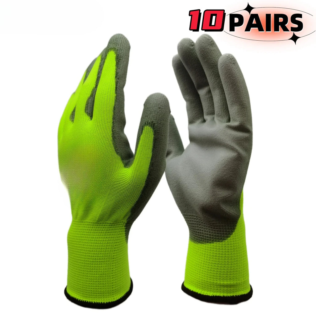 10 Pairs PU Coated Work Gloves - Lightweight, Durable Safety Gloves EN 388/ISO20471 Certified, Sizes S/M/L/XL