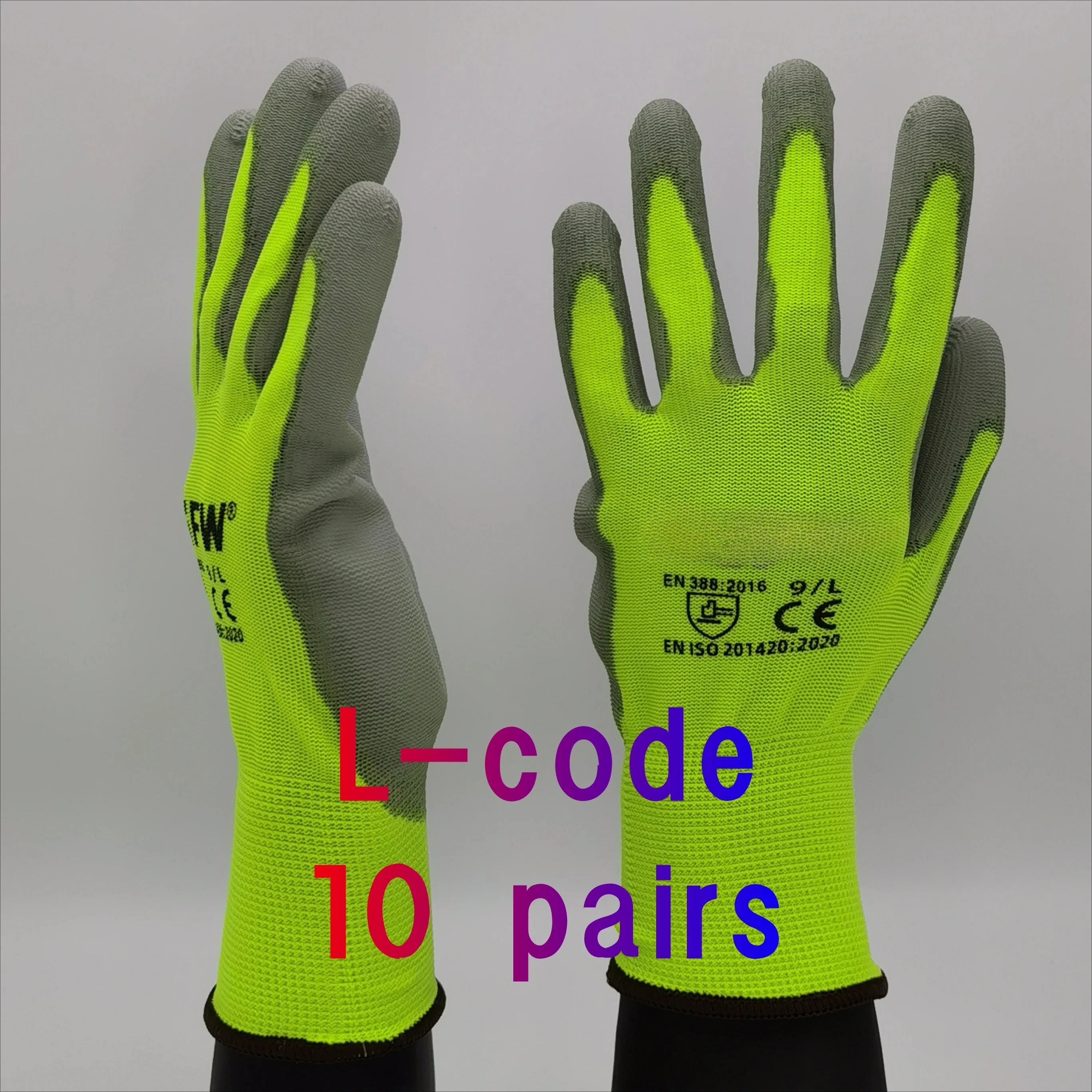 10 Pairs PU Coated Work Gloves - Lightweight, Durable Safety Gloves EN 388/ISO20471 Certified, Sizes S/M/L/XL