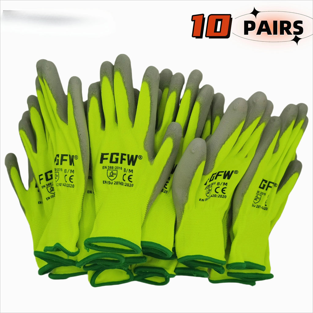 10 Pairs PU Coated Work Gloves - Lightweight, Durable Safety Gloves EN 388/ISO20471 Certified, Sizes S/M/L/XL