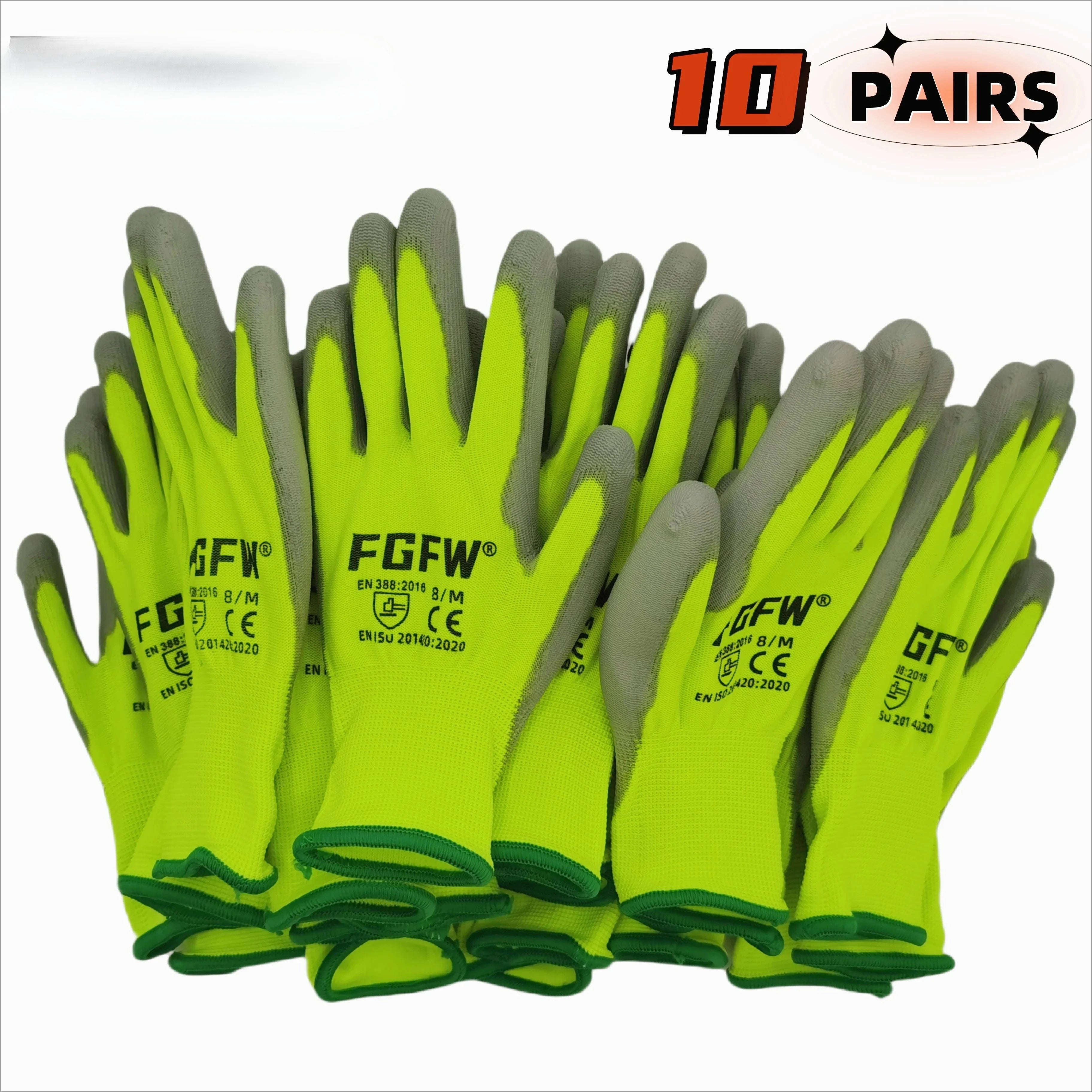 10 Pairs PU Coated Work Gloves - Lightweight, Durable Safety Gloves EN 388/ISO20471 Certified, Sizes S/M/L/XL