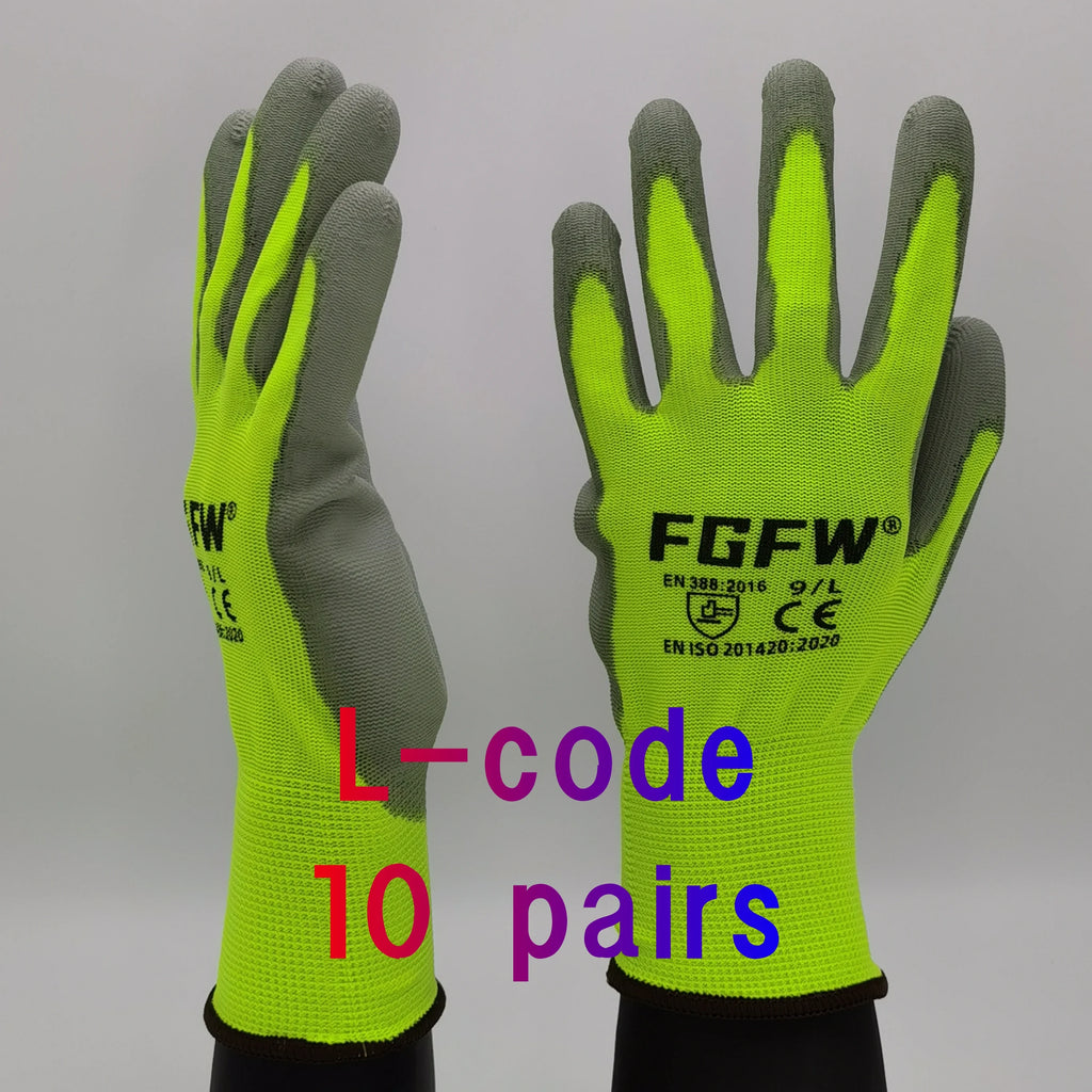 10 Pairs PU Coated Work Gloves - Lightweight, Durable Safety Gloves EN 388/ISO20471 Certified, Sizes S/M/L/XL