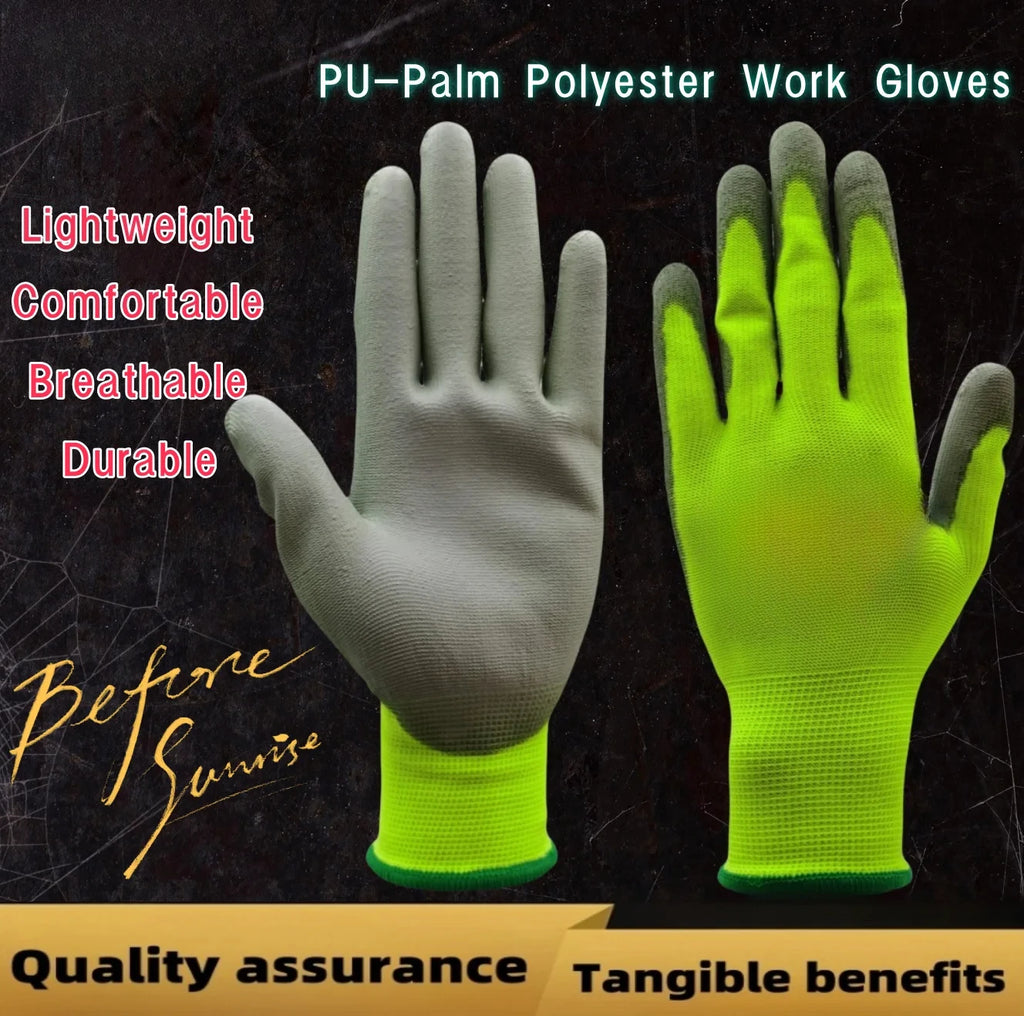 10 Pairs PU Coated Work Gloves - Lightweight, Durable Safety Gloves EN 388/ISO20471 Certified, Sizes S/M/L/XL