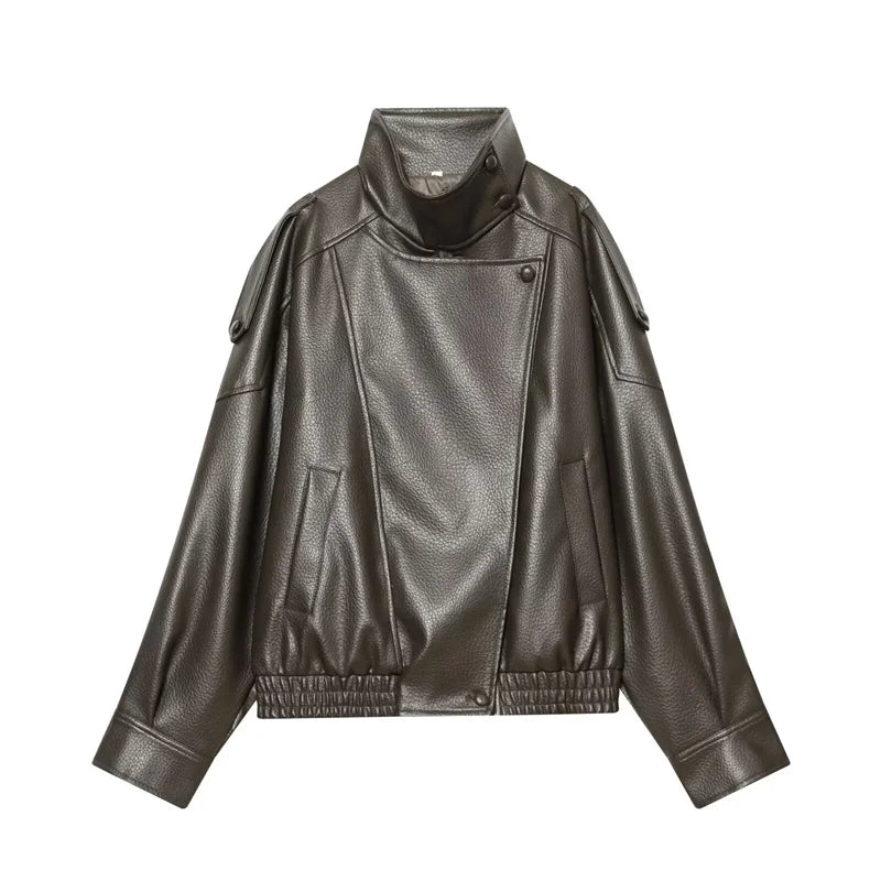 Women's Jacket Fall 2025 New Black Long Sleeve Pebble Faux Leather Jacket Motorcycle Style Personality Fashion